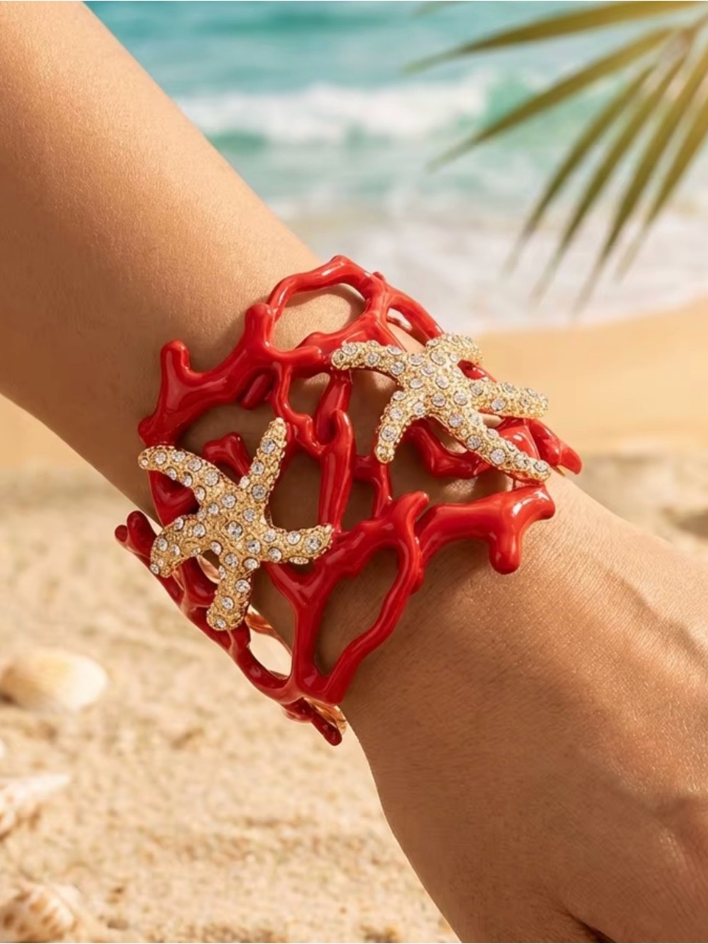 Red Coral Starfish Cuff Bracelet | Coastal Luxury Statement Jewelry
